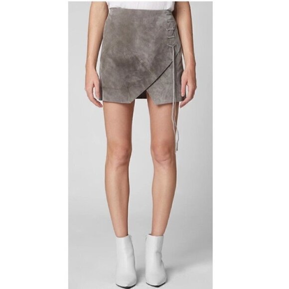 Blank NYC Mini Skirt 26 NWT Suede Genuine Leather Soft Fog Lace Up A-line Gray - Picture 3 of 14